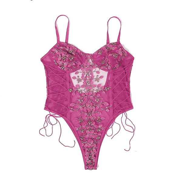 Floral Embroidery Mesh Lace Up  Bodysuit Lingerie Women Bodysuits