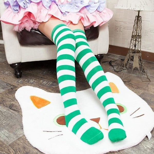 Green White Thigh Highs Socks