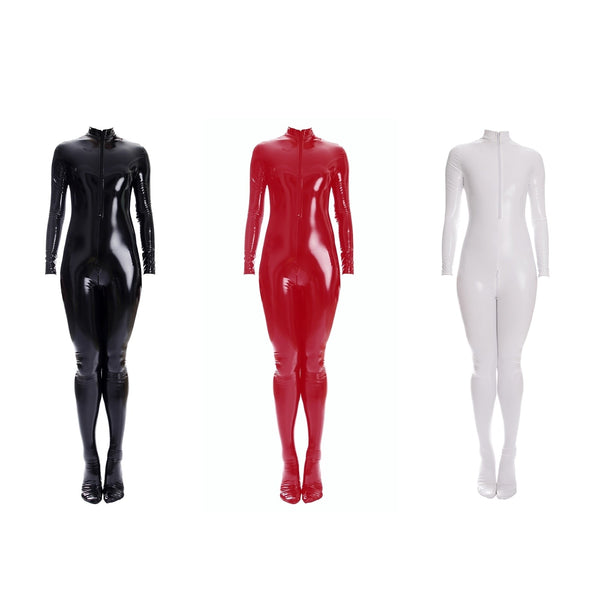 Shiny Full Body Patent Leather Open Crotch Catsuits Bodysuits
