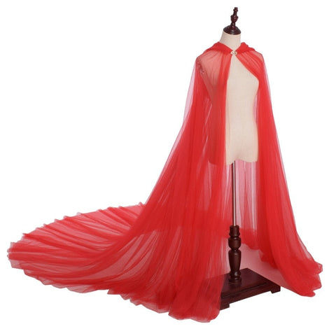 Cosplay Halloween Costume For Women Hooded Tulle Cape Cloak Wedding Bridals Floor Length Black White Red Soft Mesh Cloaks