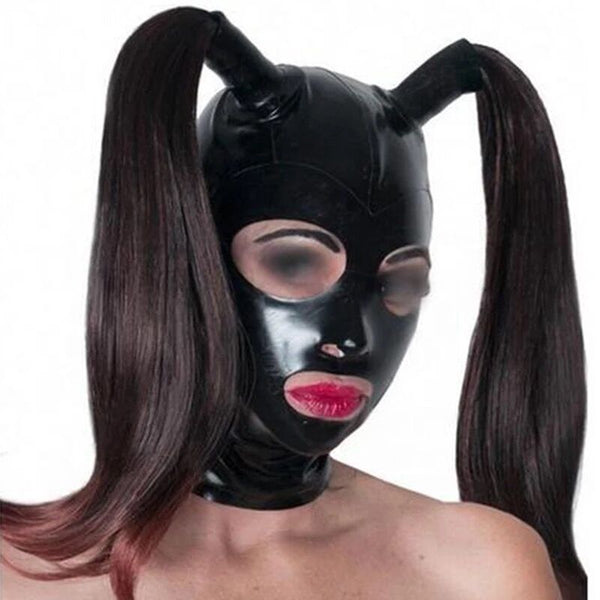 Custom  Latex Fetish Hood Wig Tube Pigtails  Play Hoods