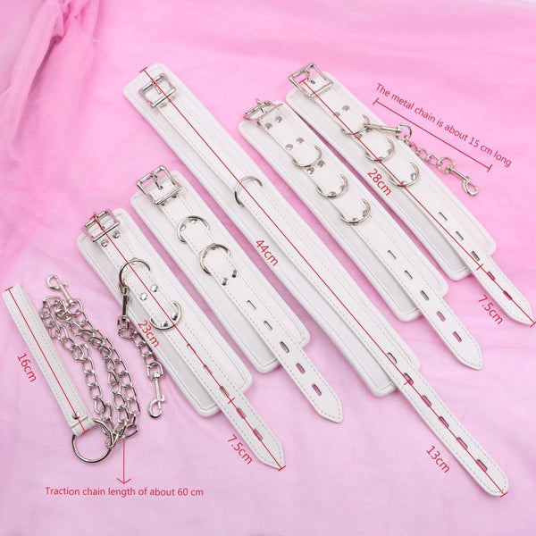 White Padded Collar Cuffs Ankle Wrist Leash  Kink  Kit Restraint Kits & Sets
