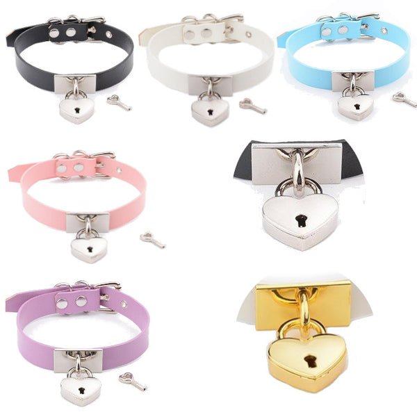 Leather Collar Locket Love Heart Harajuku  Sub Slave Punk Choker Collars & Leashes