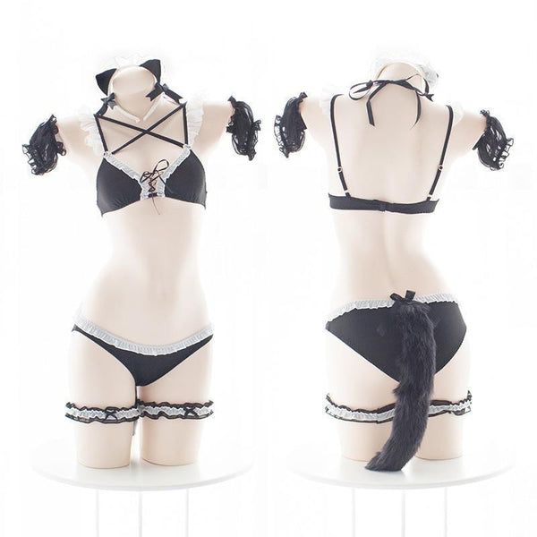 Kitten Maid Outfit Cosplay Women Bikini Set Anime Costume Bra Panty Tail Women's Costumes