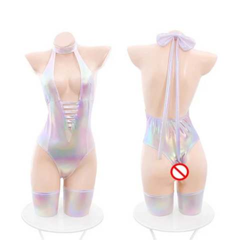 Laser Silver Open Crotch Bodysuit Women Lingerie Anime Ayanami Rei Costume Anime Costumes Women