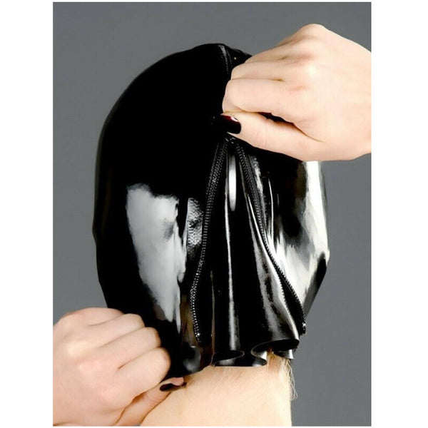 Latex Hood With Red Teeth Gag Nasal Tubes Back Zipper  Hoods