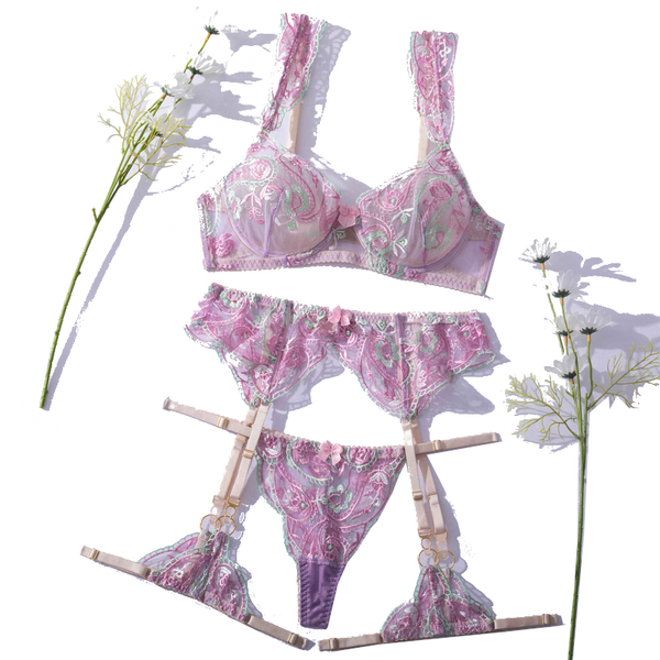 Light Purple Floral Embroidery Cute Feminine Lingerie Set Bra Panties Garter Bras & Bra Sets