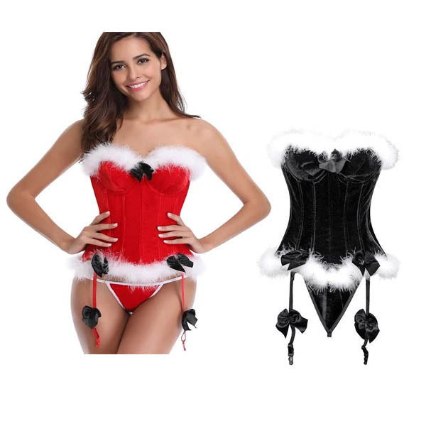 Luxurious Red Velvet Christmas White Faux Fur Trim Over Bust Corset Corsets