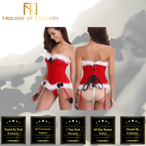 Luxurious Red Velvet Christmas White Faux Fur Trim Over Bust Corset Corsets