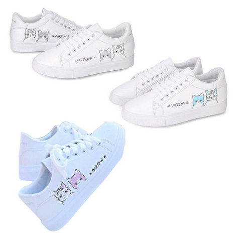 Meow Runners Women Sneakers Printed Cute Cat Canvas White Tennis Shoe Comfort Shoes