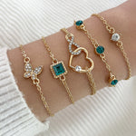Veile Studios Bohemian 5Pc Green Crystal Jewelry Set For Women Heart Wedding Engagement Fashion Bracelets