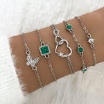 Veile Studios Bohemian 5Pc Green Crystal Jewelry Set For Women Heart Wedding Engagement Fashion Bracelets