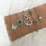 Veile Studios Bohemian 5Pc Green Crystal Jewelry Set For Women Heart Wedding Engagement Fashion Bracelets