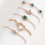 Veile Studios Bohemian 5Pc Green Crystal Jewelry Set For Women Heart Wedding Engagement Fashion Bracelets