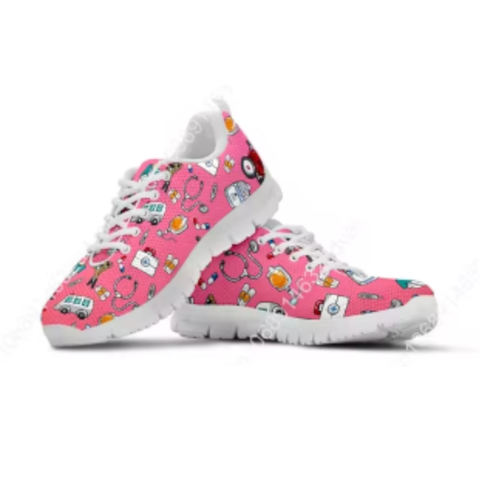 Pink White Nurse Doctor Pattern Woman Flats Lace Up Shoe Sneakers Breahtable Shoes Comfort Shoes
