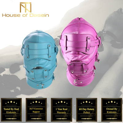 Pink Blue Fetish Full Hood With Mouth Dildo Gag   Sex Mask Hoods