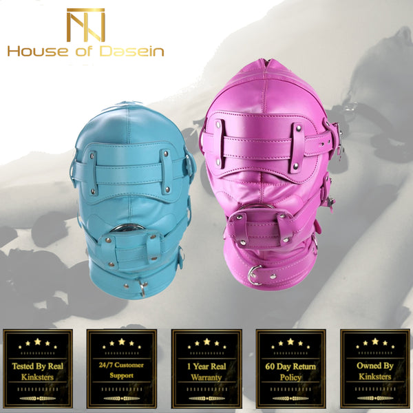 Pink Blue Fetish Full Hood With Mouth Dildo Gag   Sex Mask Hoods
