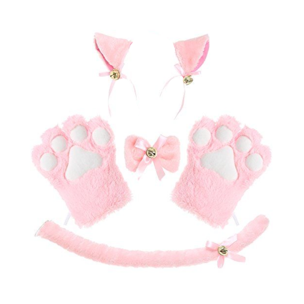 Plush Cat Ears Paws Gloves Tail Anime Cosplay Kitten Pet Play  Kink Fetish Women's Costumes