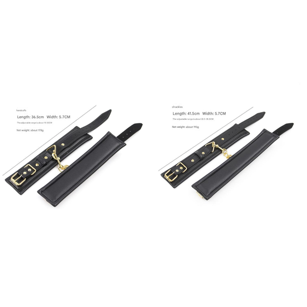 Premium Pu Leather Adjustable Padded Collar Handcuffs & Ankle Cuffs Set With Leash Connectors Black Cuffs & Shackles