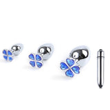 Blue Flower Stainless Steel Metal Anal Crystal Butt Plug Mini Bullet Vibrator Set