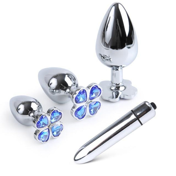 Blue Flower Stainless Steel Metal Anal Crystal Butt Plug  Set  Non Vibrating Butt Plugs