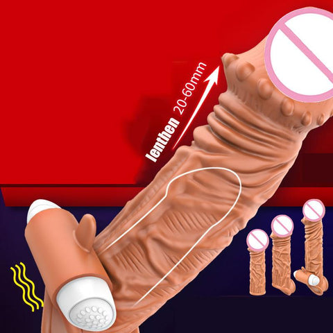Reusable Penis Sleeve Cock Extender Enlarger Hollow Dildo Vibrator