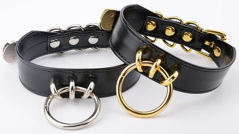 Bdsm Black Faux Leather Silver Gold O Ring Submissive Collar