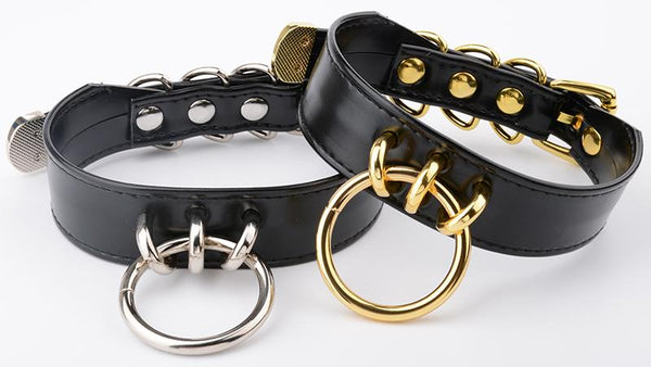 Black Faux Leather Silver Gold Ring Submissive Collar Collars & Leashes