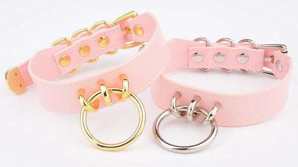 Pink Faux Leather Silver Gold Ring Kitten Submissive Collar Collars & Leashes