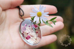 Dried Flower Necklace Gypsophila Floral Boho Glass Pendant Leather Chain