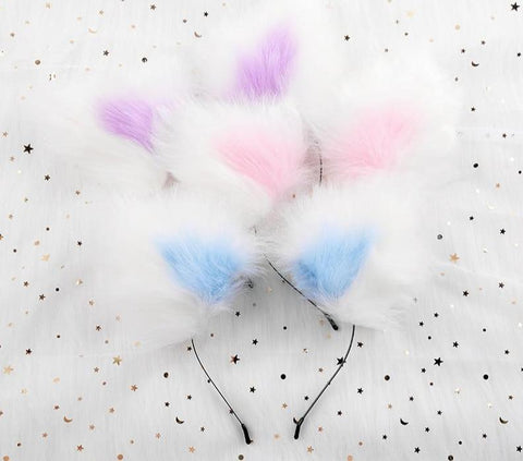 Sweet Pastel White Faux Fur Fox Cat Puppy Ears Headband Bdsm Cosplay