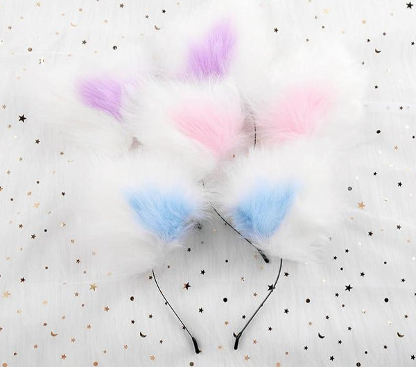 Sweet Pastel White Faux Fur Fox Cat Puppy Ears Headband  Cosplay Women's Costumes