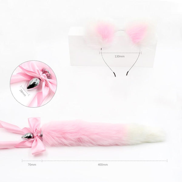 Pink White Ears Headband Kitten Or Rabbit Tail Metal Butt Plug Butt Plug Tails