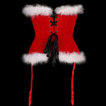 Luxurious Red Velvet Christmas White Faux Fur Trim Over Bust Corset