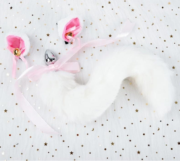 Black White Cute Kitten Ears Faux Fox Tail Ana Butt Plug Cosplay  Butt Plug Tails