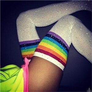 Cotton Over The Knee Socks Sparkly Rhinestone Rainbow Stripes Women Cosplay & Roleplay