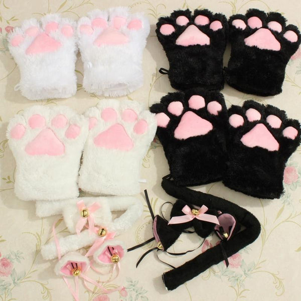 Plush Cat Ears Paws Gloves Tail Anime Cosplay Kitten Pet Play  Kink Fetish Women's Costumes