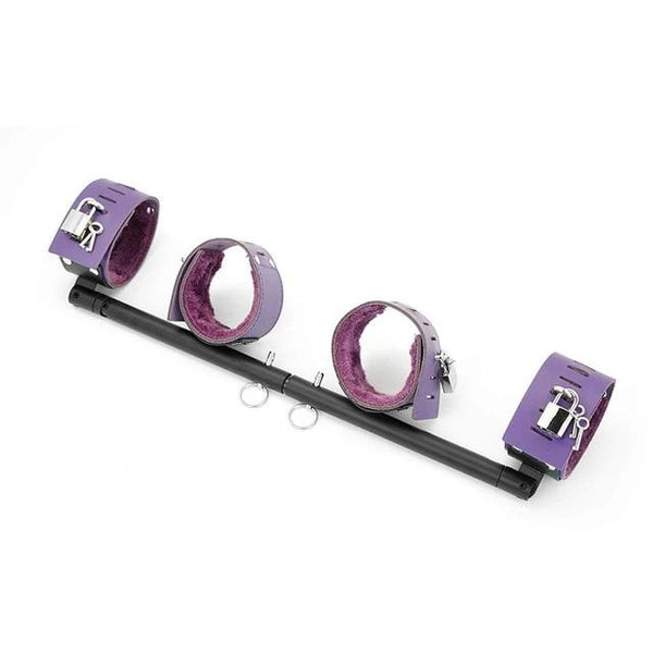 Expandable Metal Spreader Bar 4 Purple Locking Leather Fur Cuffs  Restraints Spreader Bars