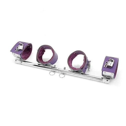 Expandable Metal Spreader Bar 4 Purple Locking Leather Fur Cuffs Bdsm Restraints