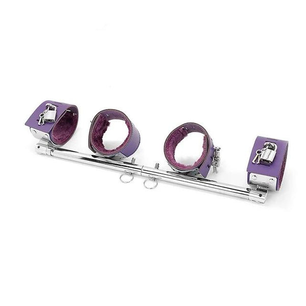Expandable Metal Spreader Bar 4 Purple Locking Leather Fur Cuffs  Restraints Spreader Bars
