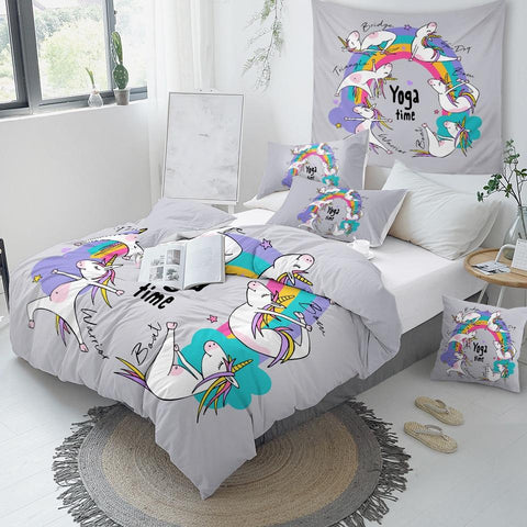 Unicorn Rainbow Yoga Time Quilt Cover 3Pcs Bedding Set Bedroom Décor Kawaii Littles