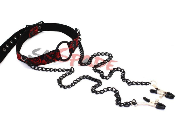 Floral Cloth Metal Ring Gag Nipple Clamps Black Chain   Restraints Gags