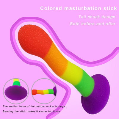 Rainbow Silicone Dildo Curved Suction Cup Base Dong Anal Plug Non Vibrating Butt Plugs