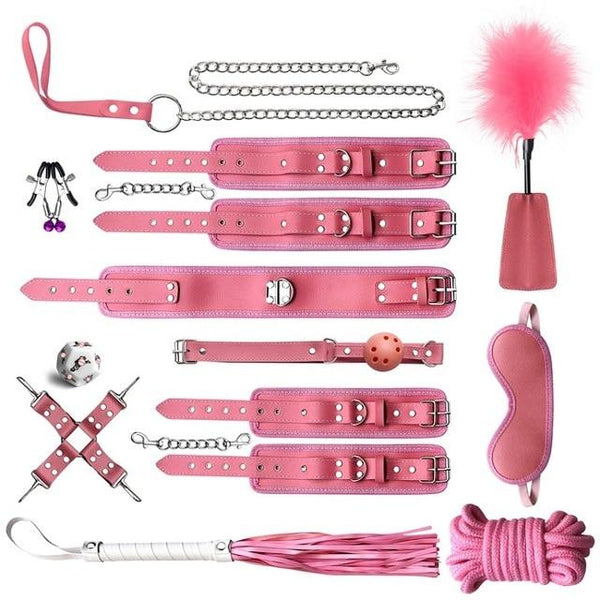 Black Pink  Kit Handcuffs Leash Whip Gag Nipple Clamps  Set  Starter Kits