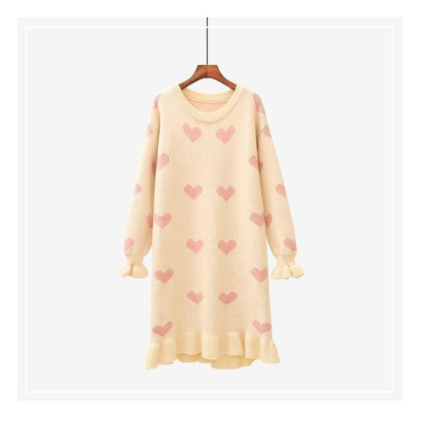Sweet Heart Loose Comfy Long Knitted Sweater Dress Tops