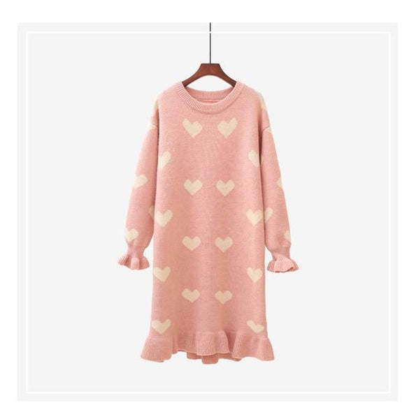 Sweet Heart Loose Comfy Long Knitted Sweater Dress Tops