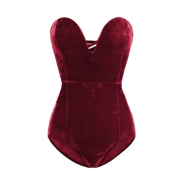 Velvet Strapless Neck Bodysuit Criss Cross Back For Women Bodies & Catsuits