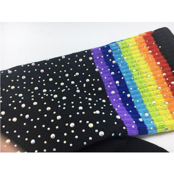 Cotton Over The Knee Socks Sparkly Rhinestone Rainbow Stripes Women Cosplay & Roleplay