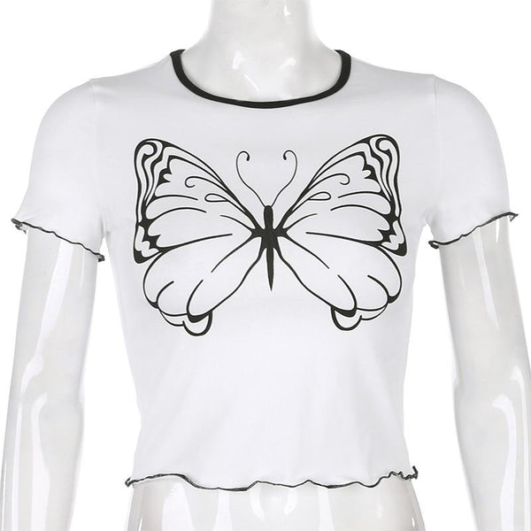 White And Black Butterfly Cropped Tee Top Women Short Sleeve Shirt Tops
