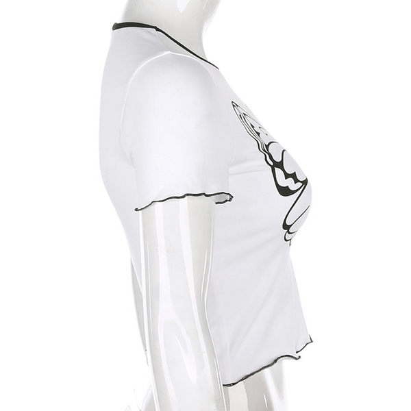 White And Black Butterfly Cropped Tee Top Women Short Sleeve Shirt Tops